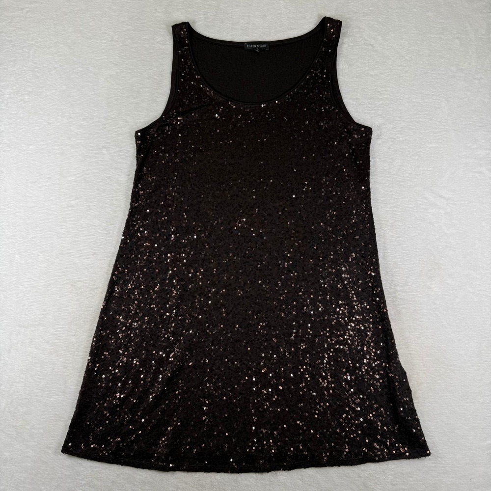 Eileen Fisher Brown 100% Silk Sequin Sleeveless Tank mini dress tunic Womens M